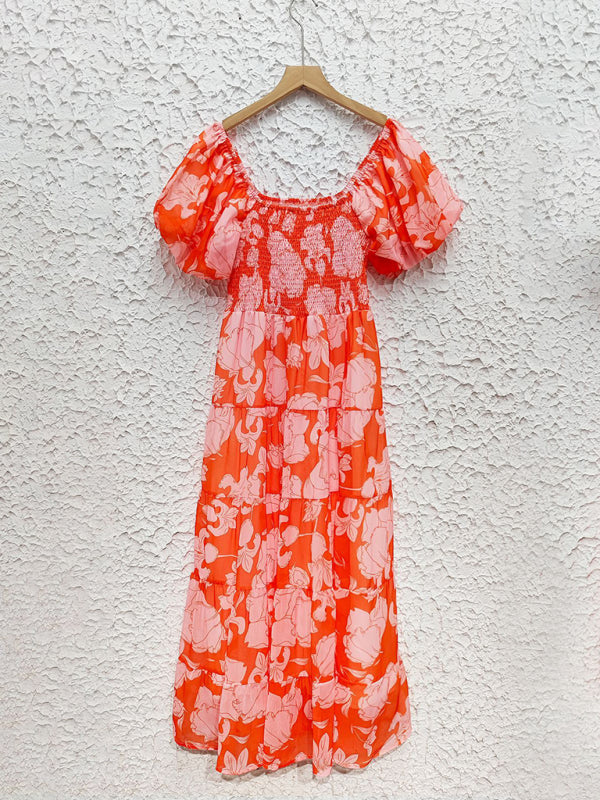 Floral Dresses - Boho Floral Off-Shoulder Midi Dress for Summer Events