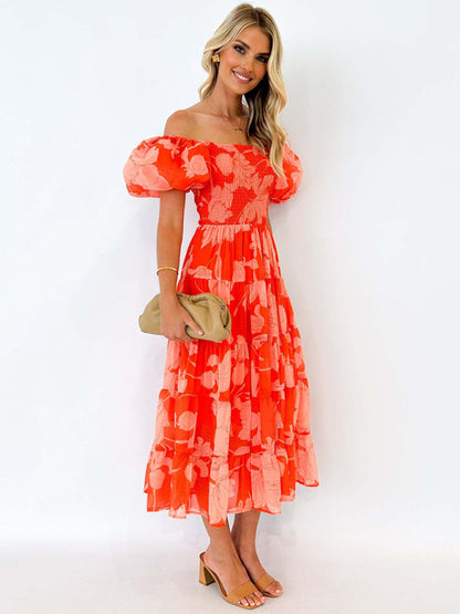 Floral Dresses - Boho Floral Off-Shoulder Midi Dress for Summer Events