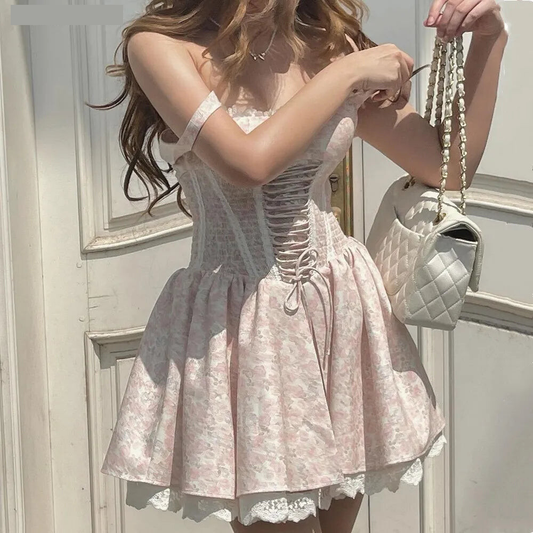 Floral Dresses - Summer Romance Floral Lace-Up Dress with Smocked Waist