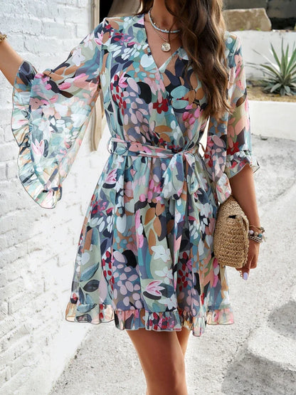 Floral Dresses- Women Vibrant Spring Floral Wrap Belted Dress- - Pekosa Women Fashion