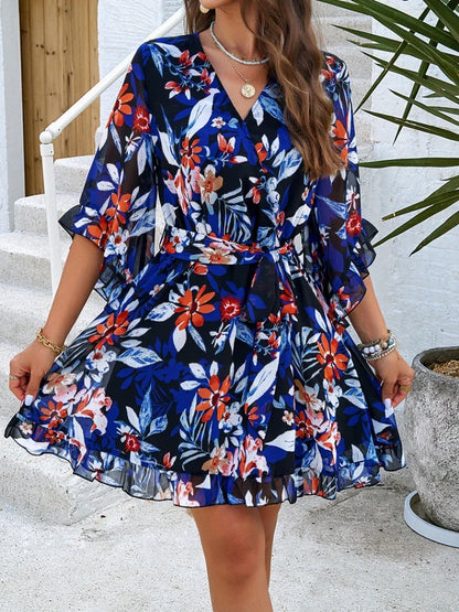 Floral Dresses- Women Vibrant Spring Floral Wrap Belted Dress- Black- Pekosa Women Fashion