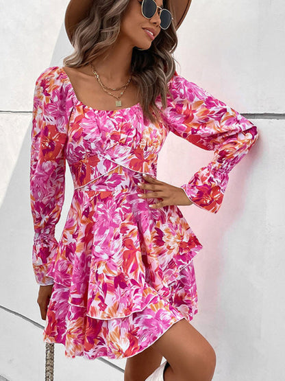 Floral Dresses- Women's Floral A-Line Mini Dress with Romantic Layers- - Chuzko Women Clothing