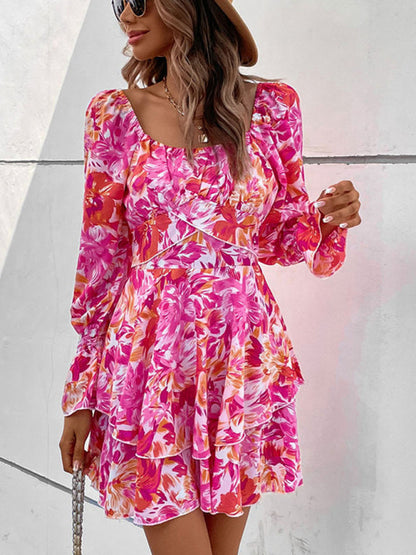 Floral Dresses- Women's Floral A-Line Mini Dress with Romantic Layers- - Chuzko Women Clothing