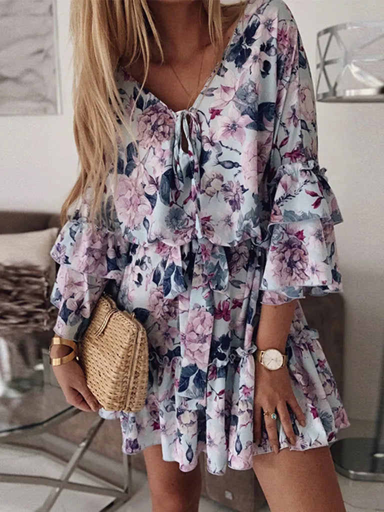 Floral Chiffon Blouson Tiered Ruffle Mini Dress