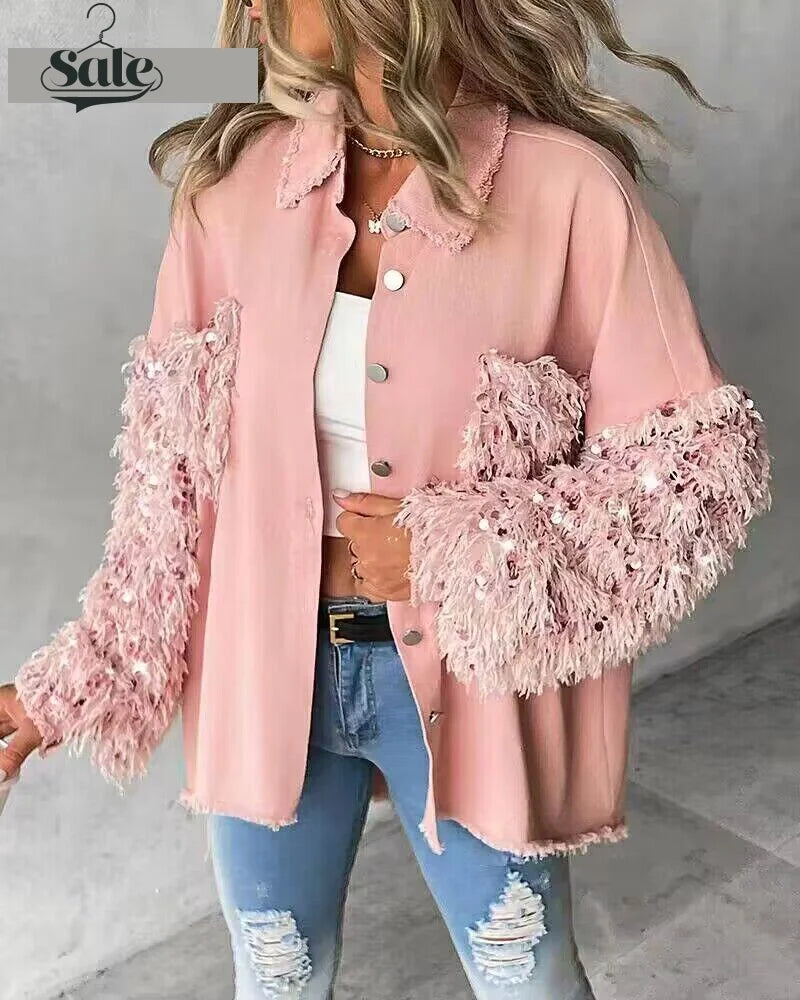  - Fuzzy Tassel Patchwork Denim Distressed Jackets