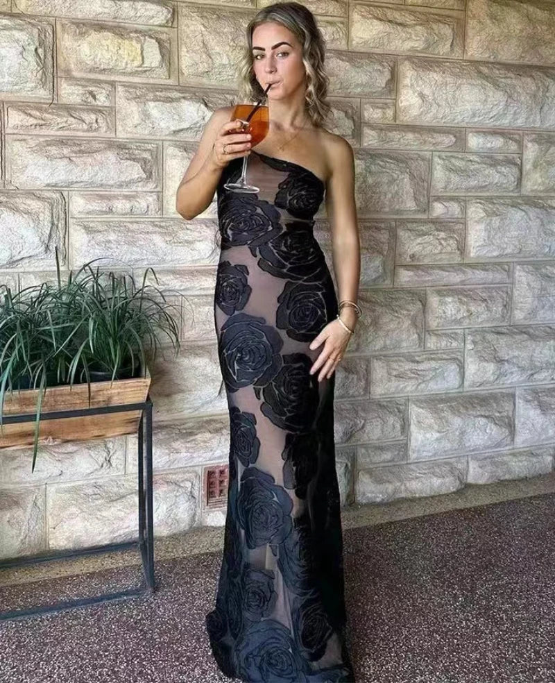 Gala Dresses- Formal Black Rose Detail Maxi Dress