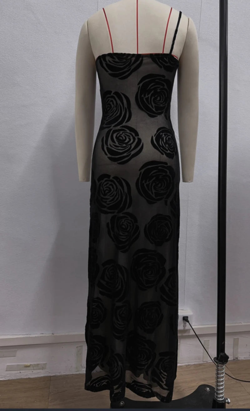 Gala Dresses- Formal Black Rose Detail Maxi Dress