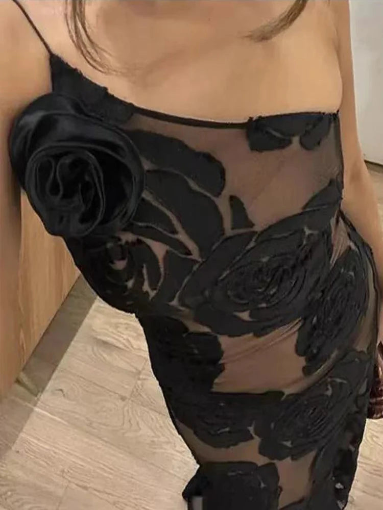 Gala Dresses- Formal Black Rose Detail Maxi Dress