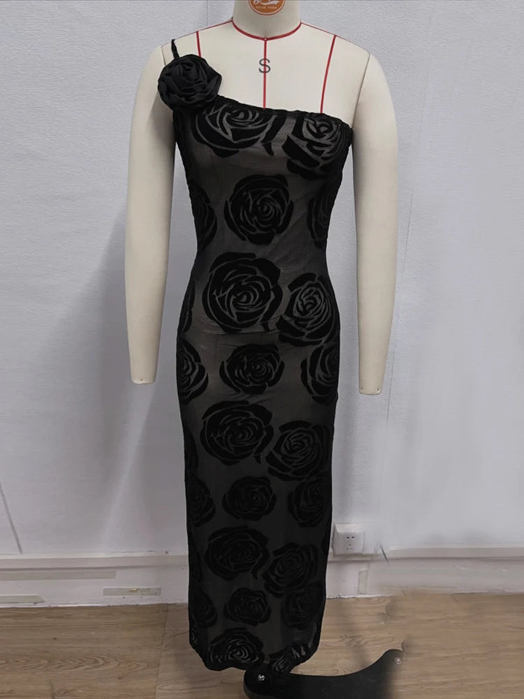 Gala Dresses- Formal Black Rose Detail Maxi Dress