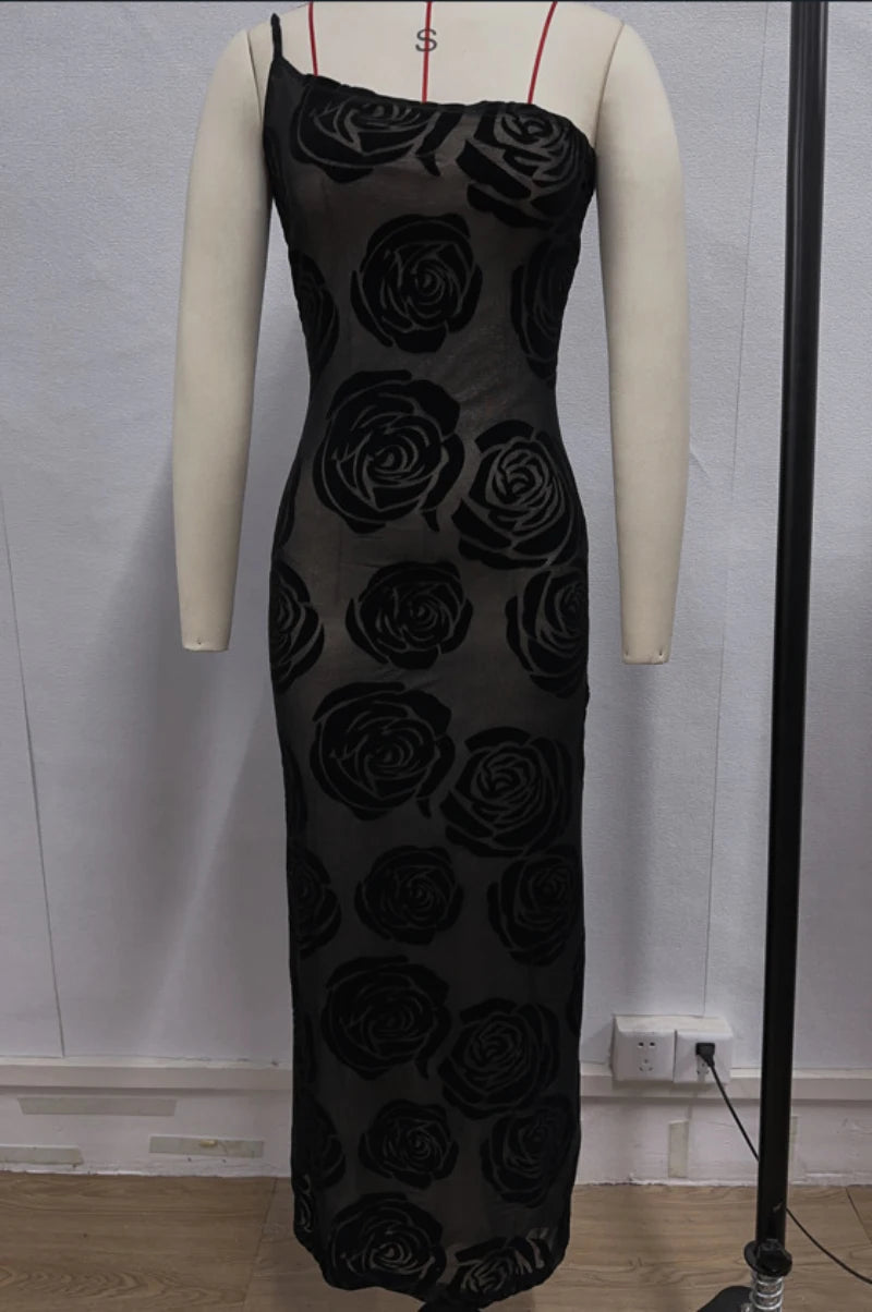 Gala Dresses- Formal Black Rose Detail Maxi Dress