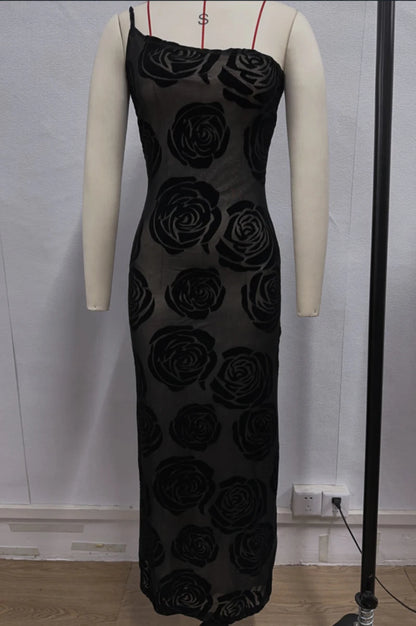 Gala Dresses- Formal Black Rose Detail Maxi Dress