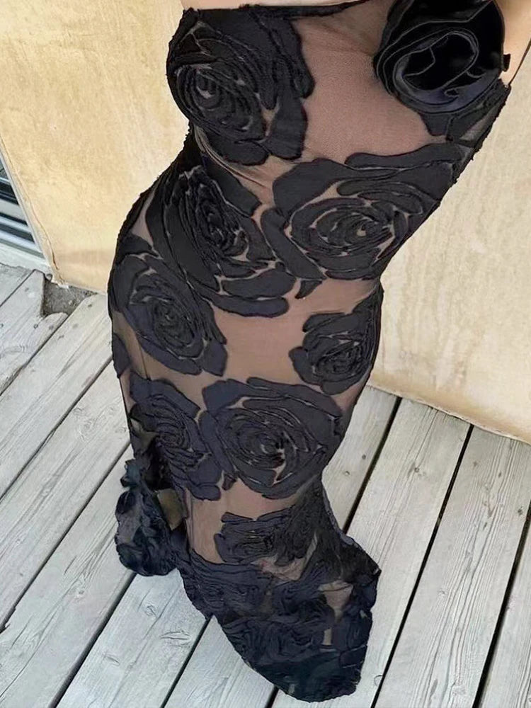 Gala Dresses- Formal Black Rose Detail Maxi Dress