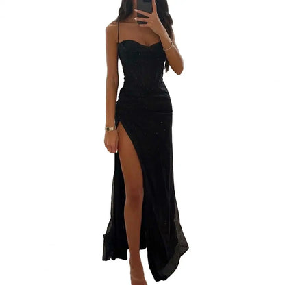 Gala Maxi Dresses - Glitter Bodycon Maxi Dress with Thigh-High Slit for Weddings