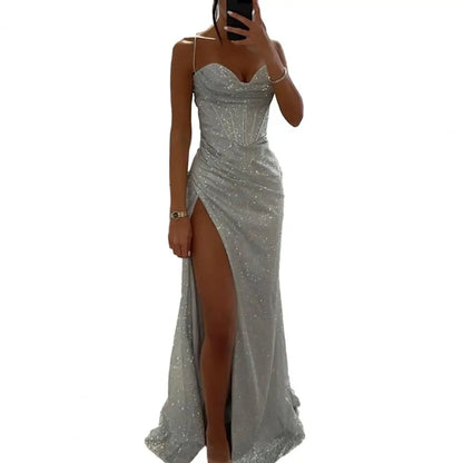 Gala Maxi Dresses - Glitter Bodycon Maxi Dress with Thigh-High Slit for Weddings