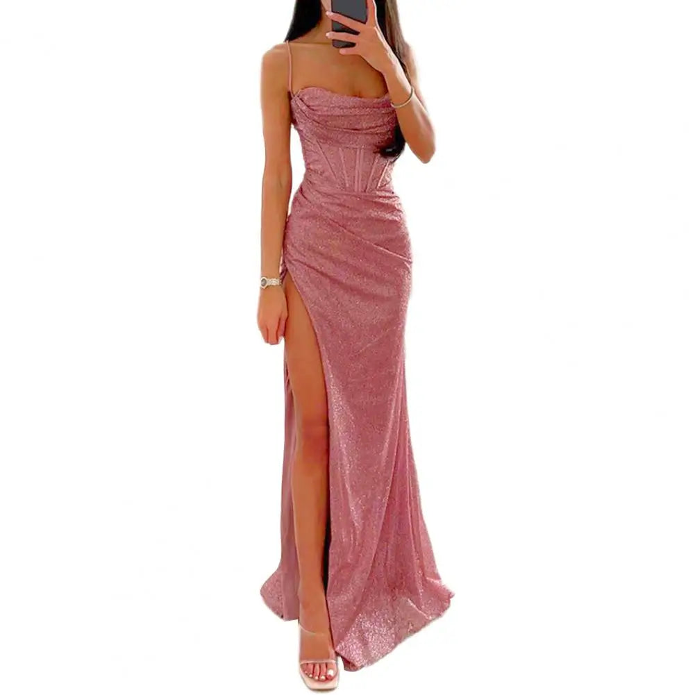 Gala Maxi Dresses - Glitter Bodycon Maxi Dress with Thigh-High Slit for Weddings