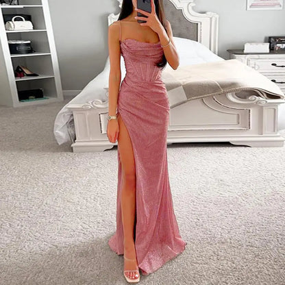 Gala Maxi Dresses - Glitter Bodycon Maxi Dress with Thigh-High Slit for Weddings