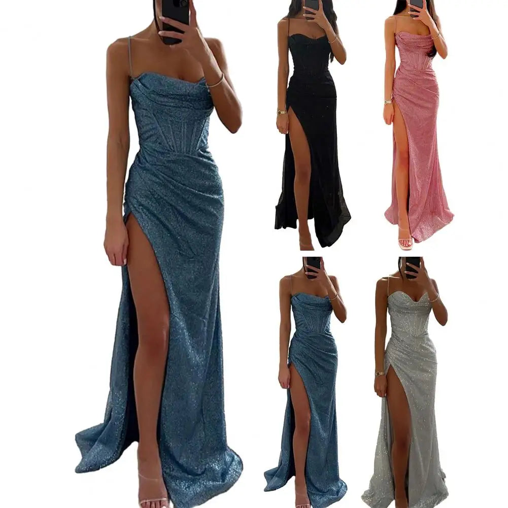 Gala Maxi Dresses - Glitter Bodycon Maxi Dress with Thigh-High Slit for Weddings