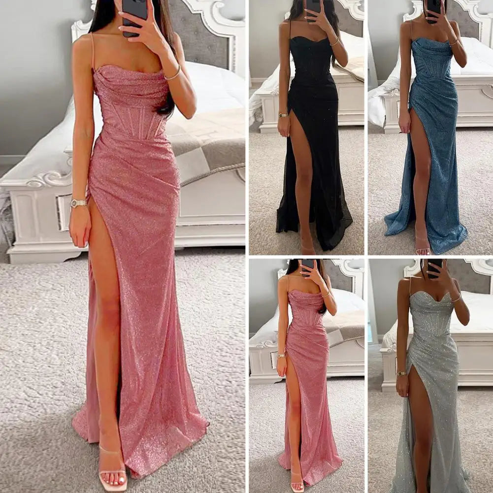 Gala Maxi Dresses - Glitter Bodycon Maxi Dress with Thigh-High Slit for Weddings