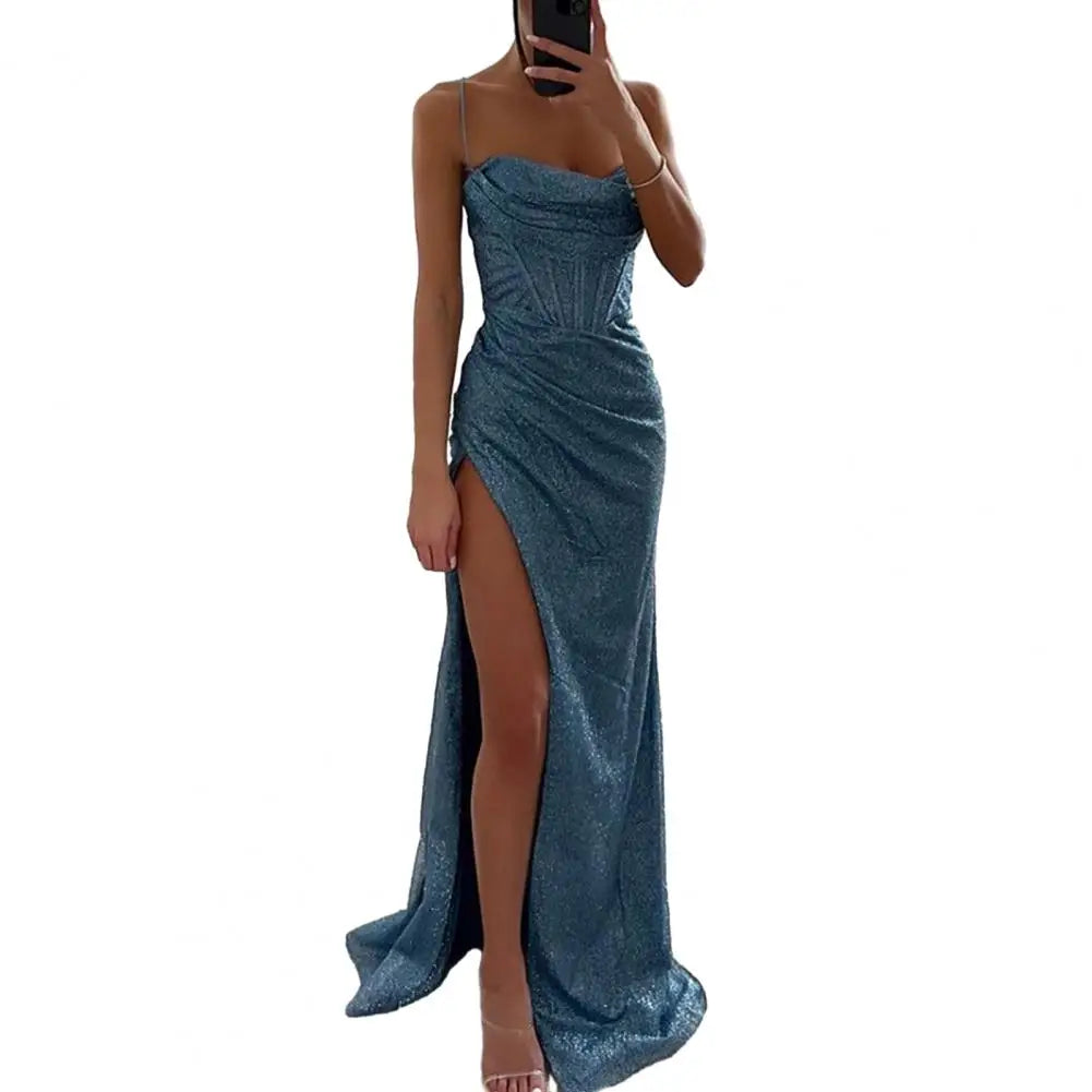 Gala Maxi Dresses - Glitter Bodycon Maxi Dress with Thigh-High Slit for Weddings