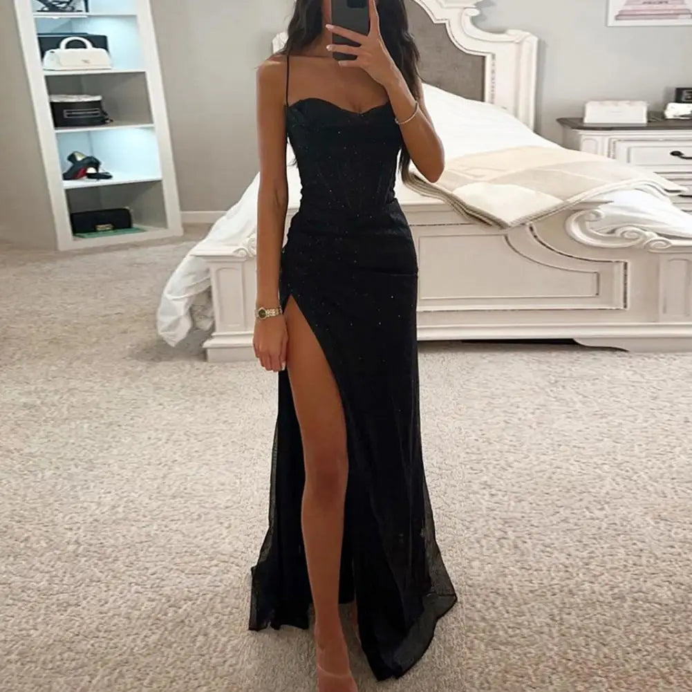 Gala Maxi Dresses - Glitter Bodycon Maxi Dress with Thigh-High Slit for Weddings