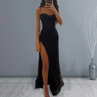 Gala Maxi Dresses - Glitter Bodycon Maxi Dress with Thigh-High Slit for Weddings