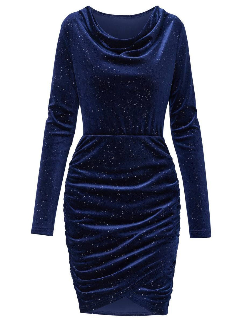 Glittered dresses- Sparkle Velvet Cowl Wrap Long Sleeve Mini Dress- - Pekosa Women Clothing