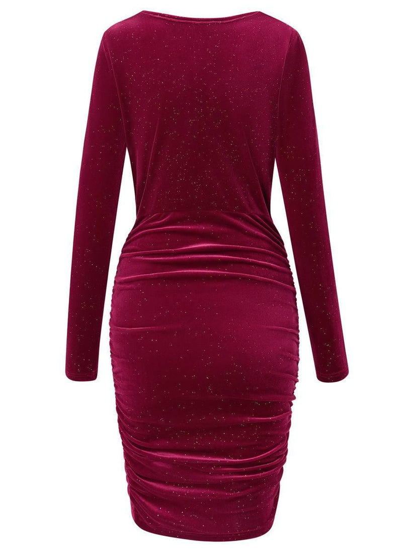 Glittered dresses- Sparkle Velvet Cowl Wrap Long Sleeve Mini Dress- - Pekosa Women Clothing