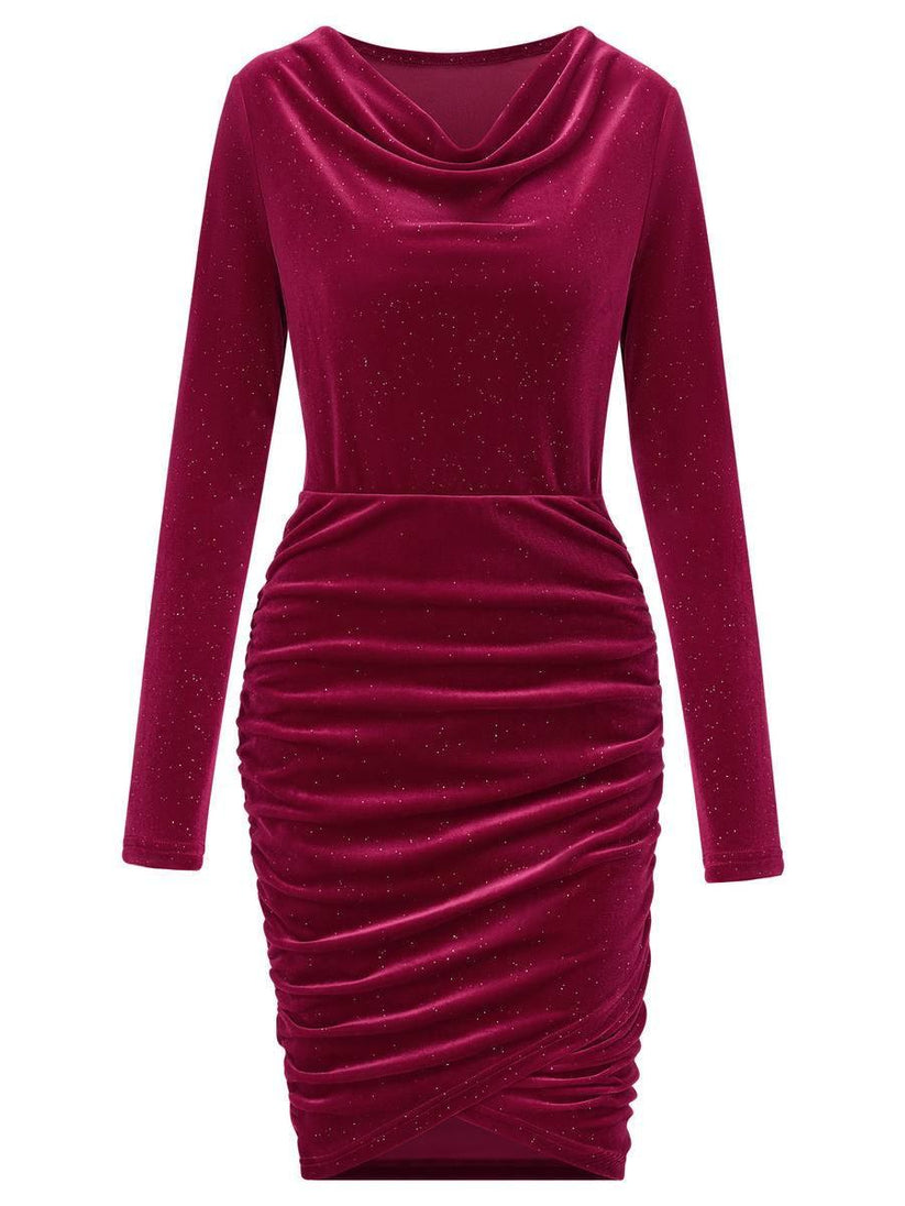 Glittered dresses- Sparkle Velvet Cowl Wrap Long Sleeve Mini Dress- - Pekosa Women Clothing