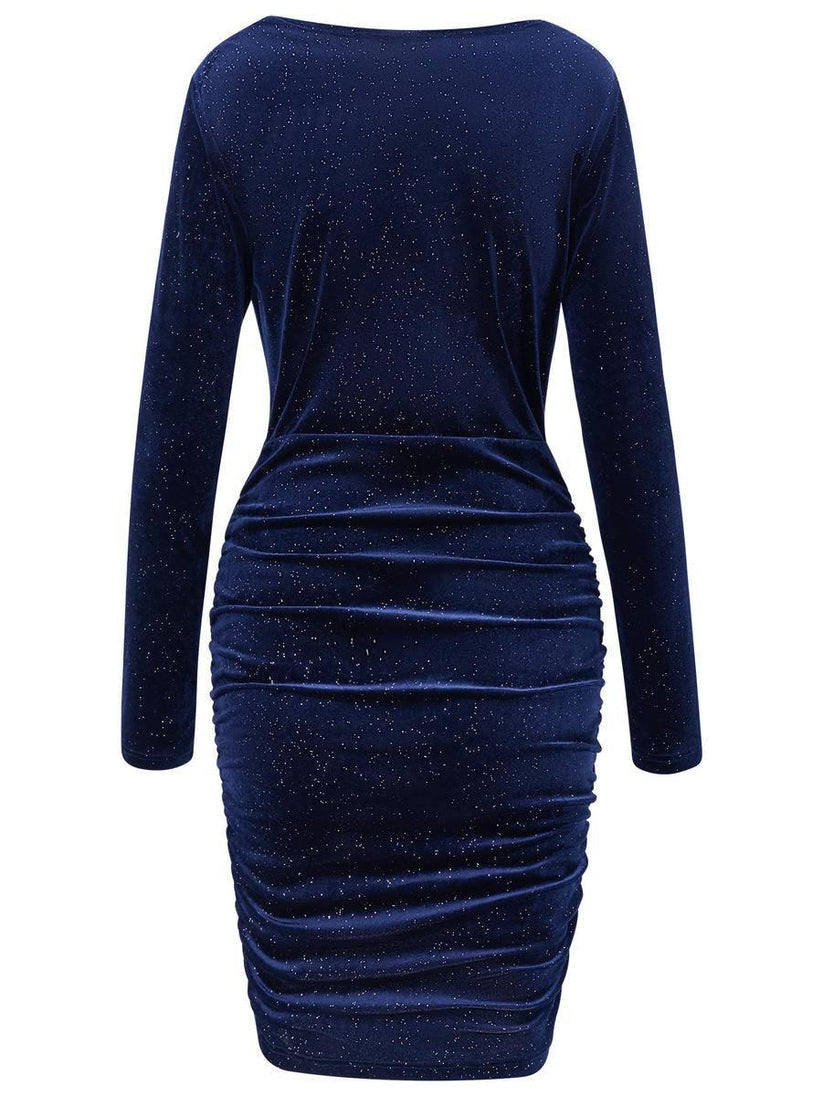 Glittered dresses- Sparkle Velvet Cowl Wrap Long Sleeve Mini Dress- - Pekosa Women Clothing