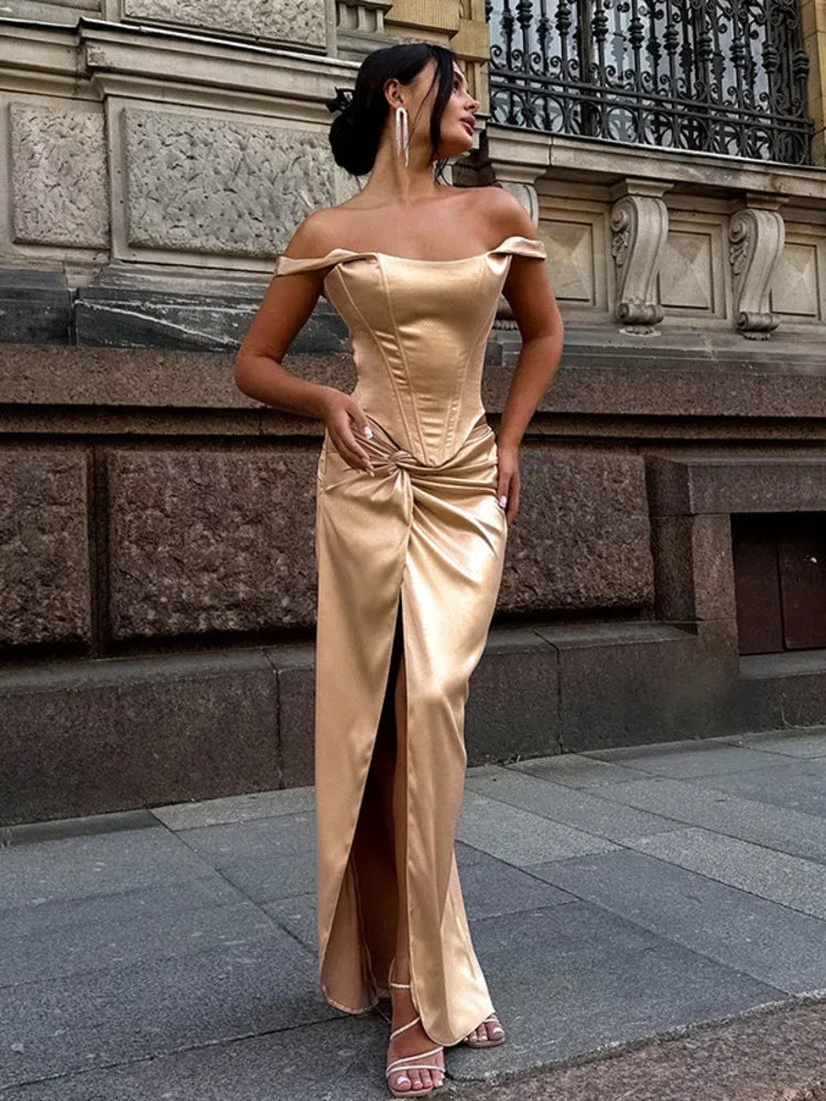 Gowns- Elegant Off-the-Shoulder Satin Gown Dress for Formal Events- - Pekosa Women Fashion