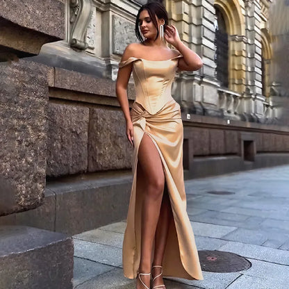 Gowns- Elegant Off-the-Shoulder Satin Gown Dress for Formal Events- Champagne- Pekosa Women Fashion