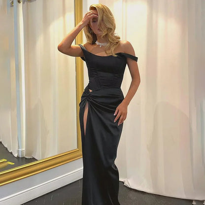 Gowns- Elegant Off-the-Shoulder Satin Gown Dress for Formal Events- Black- Pekosa Women Fashion