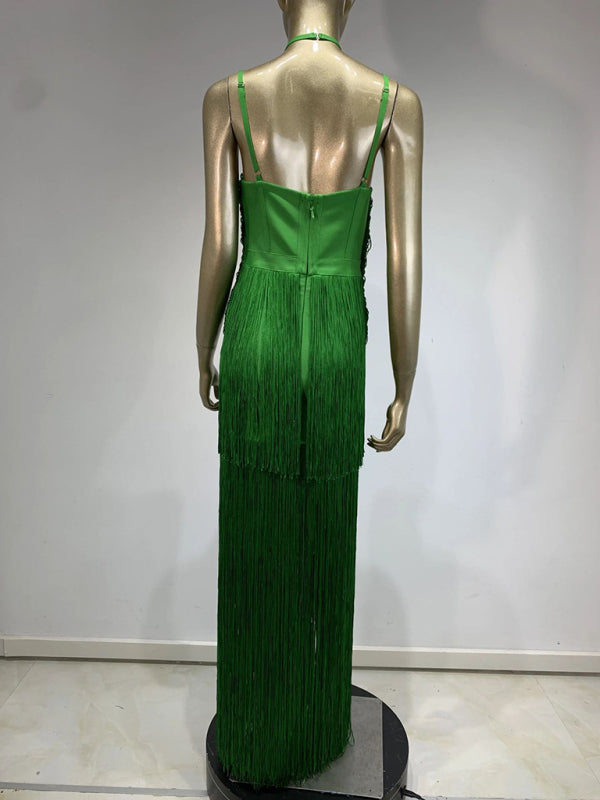 Gowns - Green Fringe Gala Gown 1920s Inspired Flapper Dress