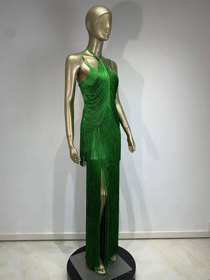 Gowns - Green Fringe Gala Gown 1920s Inspired Flapper Dress