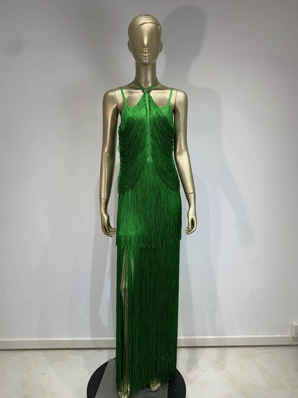 Gowns - Green Fringe Gala Gown 1920s Inspired Flapper Dress