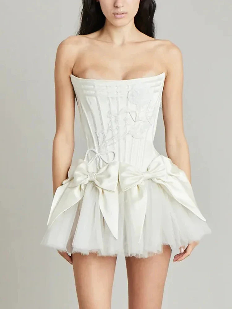 Gowns- Strapless Satin Lace-Up Corset Mini Dress Gown with Puffy Tulle Skirt- White- Pekosa Women Fashion