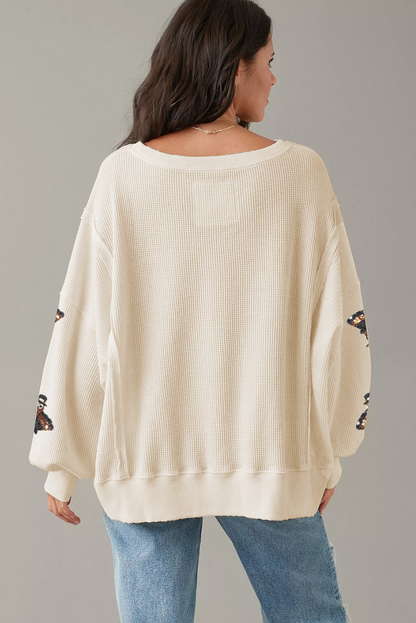 Graphic Long Sleeve Tees - Festive Turkey Knit Pullover Thanksgiving Oversized Waffle Top