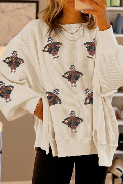 Graphic Long Sleeve Tees - Festive Turkey Knit Pullover Thanksgiving Oversized Waffle Top