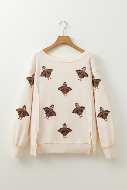 Graphic Long Sleeve Tees - Festive Turkey Knit Pullover Thanksgiving Oversized Waffle Top