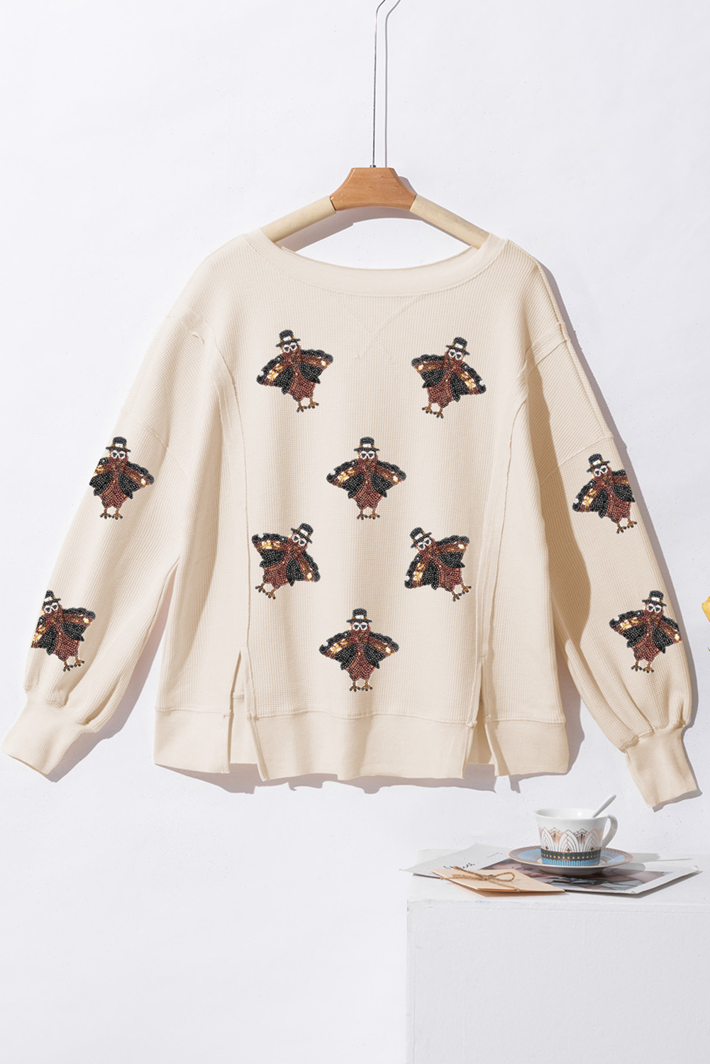 Graphic Long Sleeve Tees - Festive Turkey Knit Pullover Thanksgiving Oversized Waffle Top