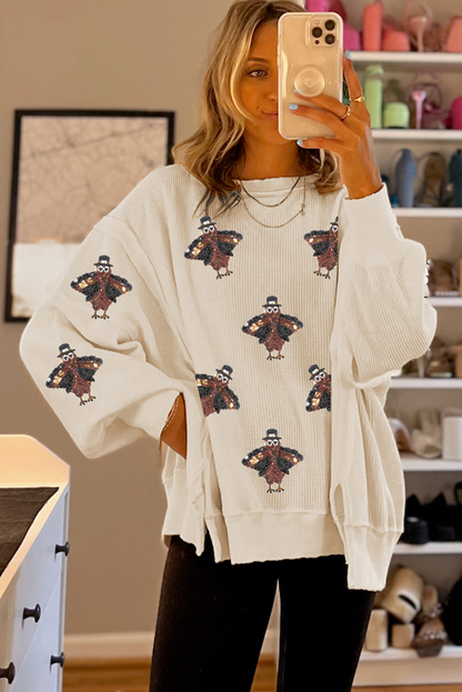 Graphic Long Sleeve Tees - Festive Turkey Knit Pullover Thanksgiving Oversized Waffle Top