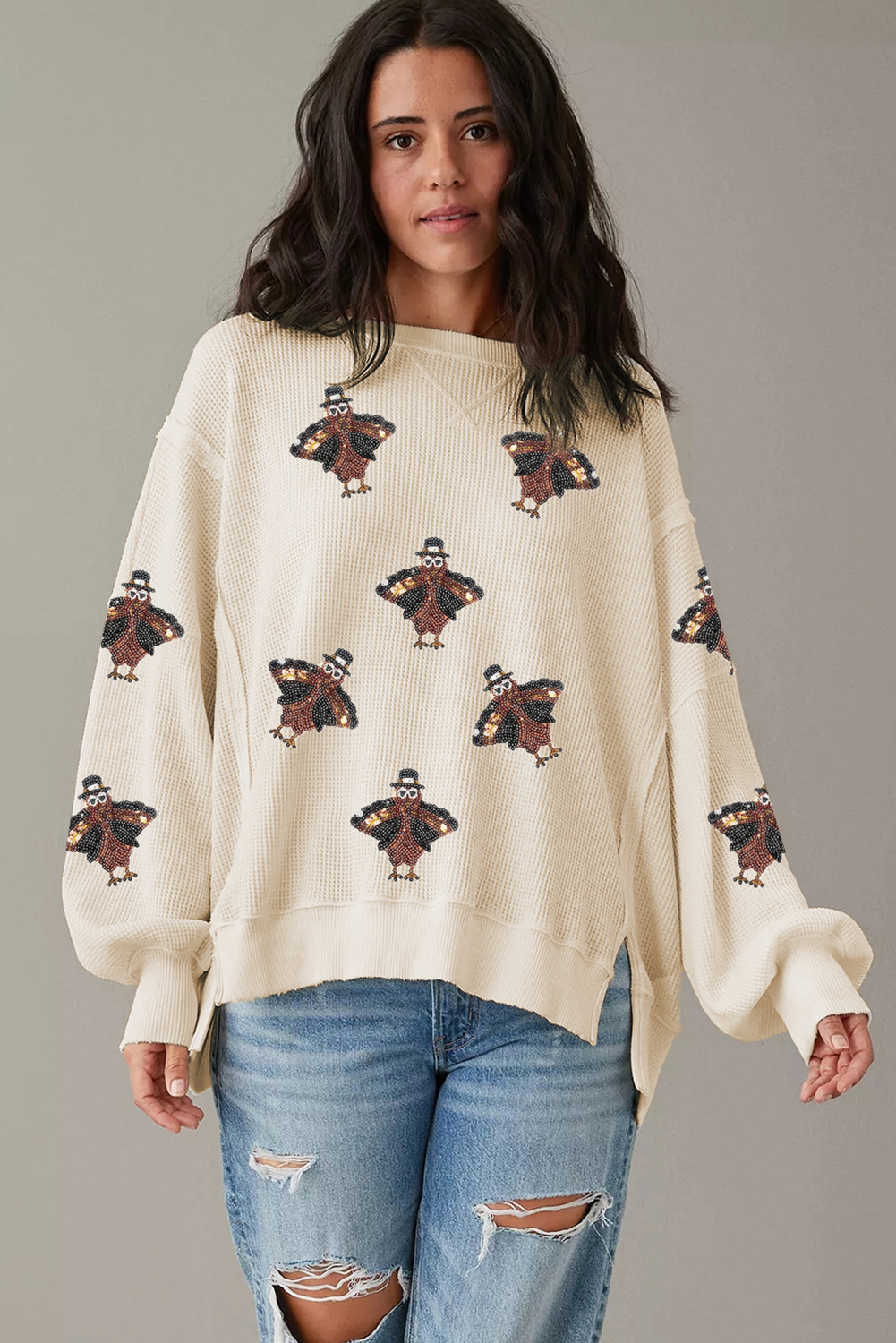 Graphic Long Sleeve Tees - Festive Turkey Knit Pullover Thanksgiving Oversized Waffle Top