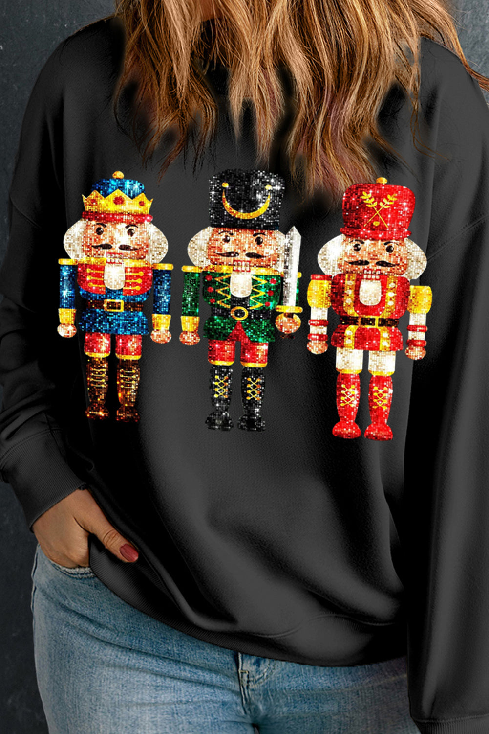 Graphic Plus Size - Festive Sequin Nutcracker Sweatshirt for Women Holiday Pullover