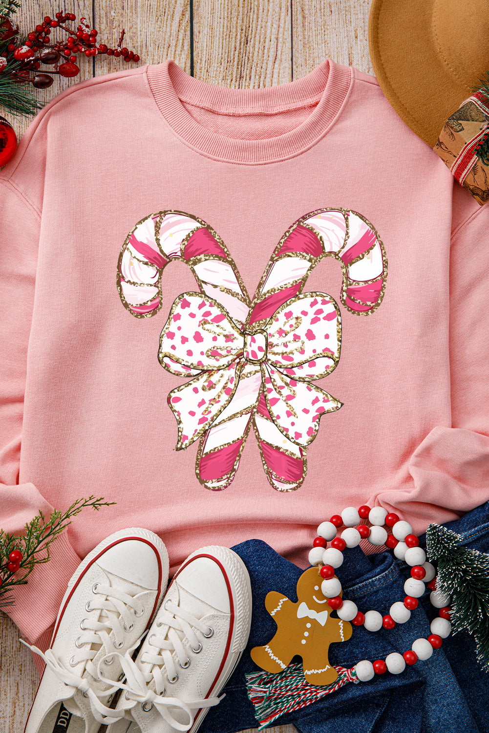 Graphic Sweatshirts - Festive Candy Cane Bow Christmas Sweater