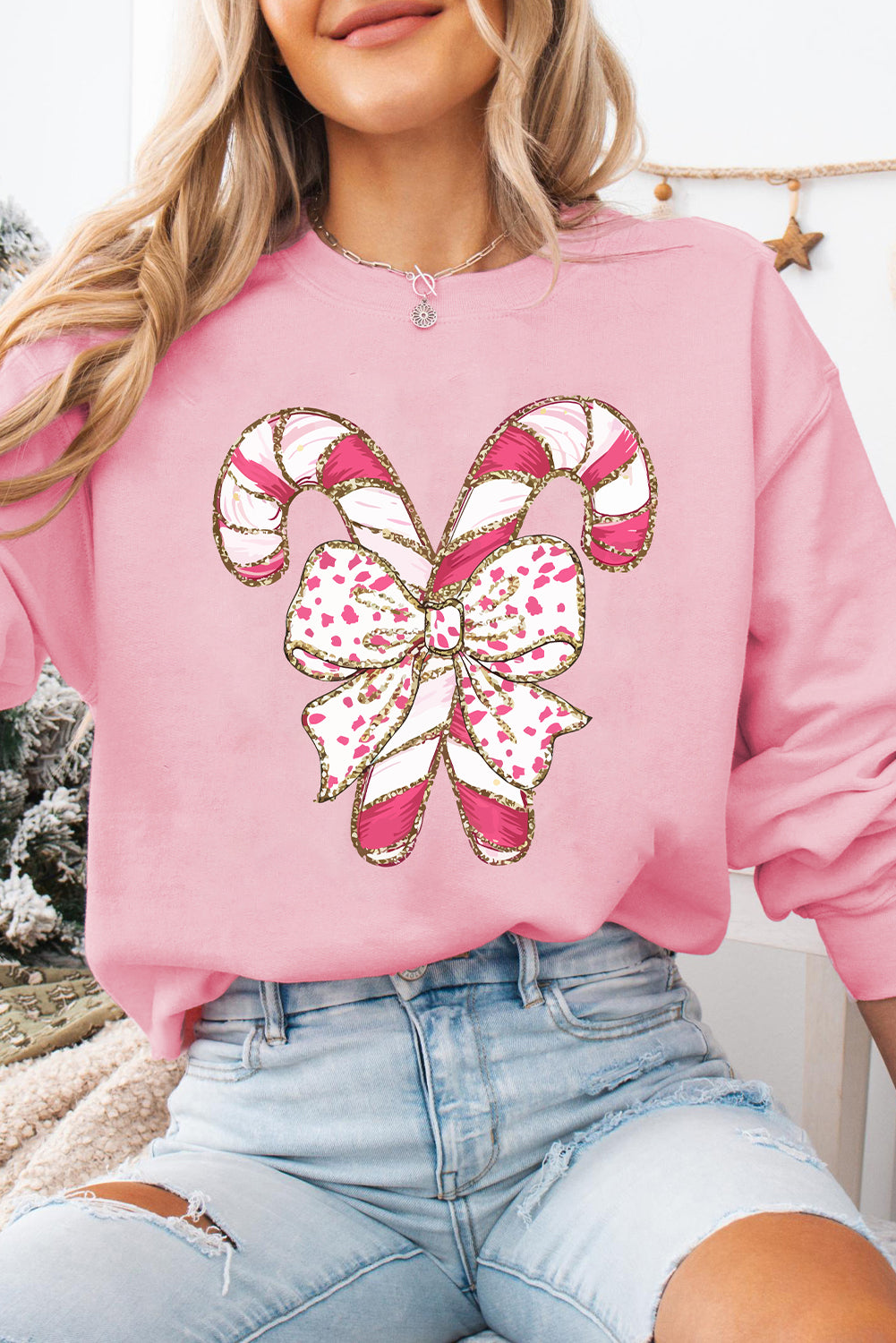 Graphic Sweatshirts - Festive Candy Cane Bow Christmas Sweater