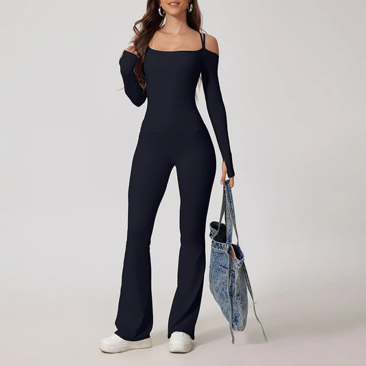 Gym Jumpsuits - Flared Pants Yoga Jumpsuit – Off-Shoulder and Moisture-Wicking