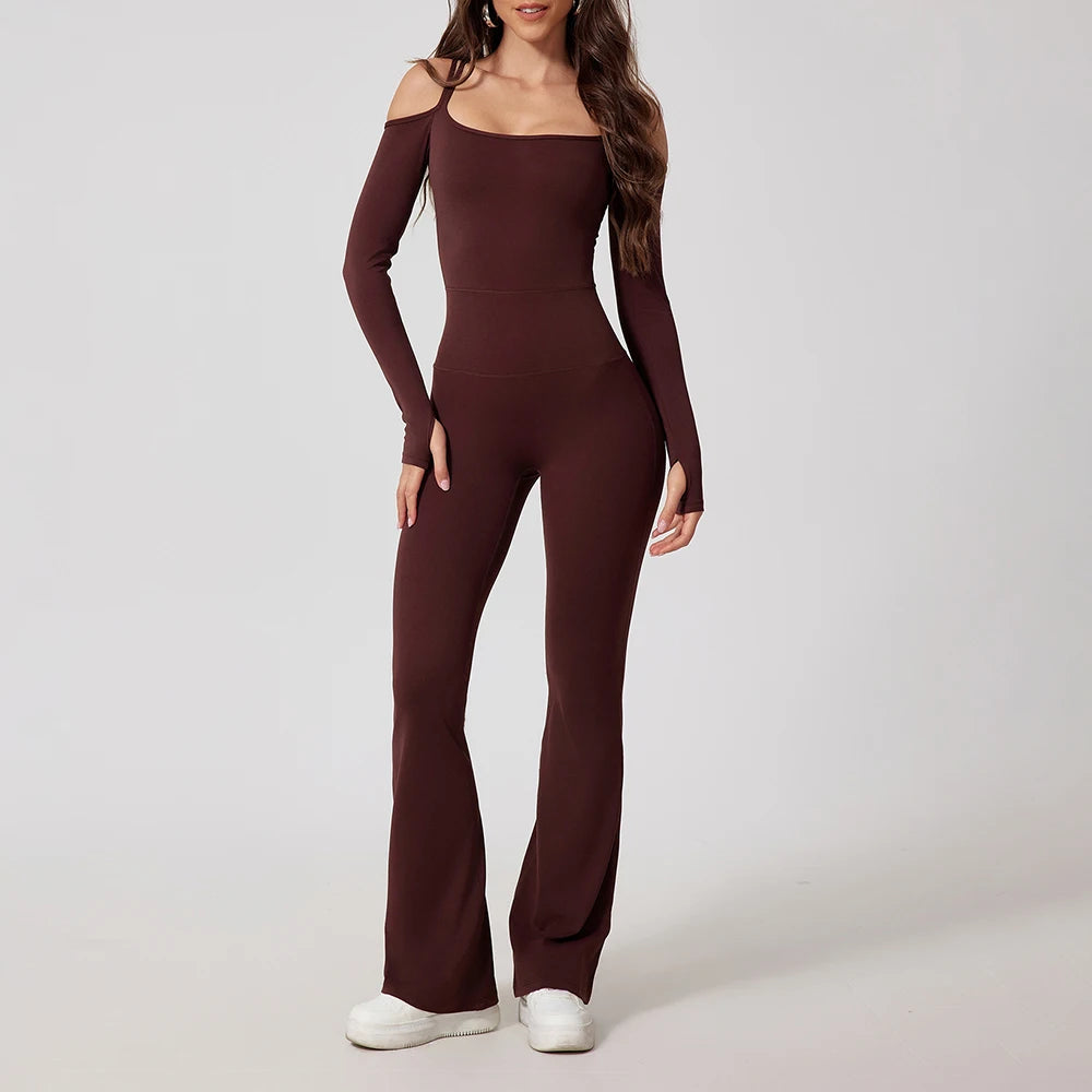 Gym Jumpsuits - Flared Pants Yoga Jumpsuit – Off-Shoulder and Moisture-Wicking