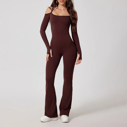 Gym Jumpsuits - Flared Pants Yoga Jumpsuit – Off-Shoulder and Moisture-Wicking