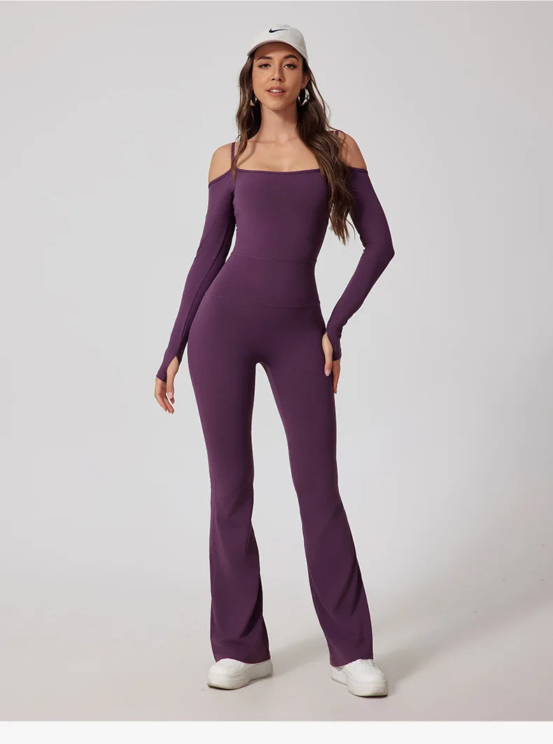 Gym Jumpsuits - Flared Pants Yoga Jumpsuit – Off-Shoulder and Moisture-Wicking