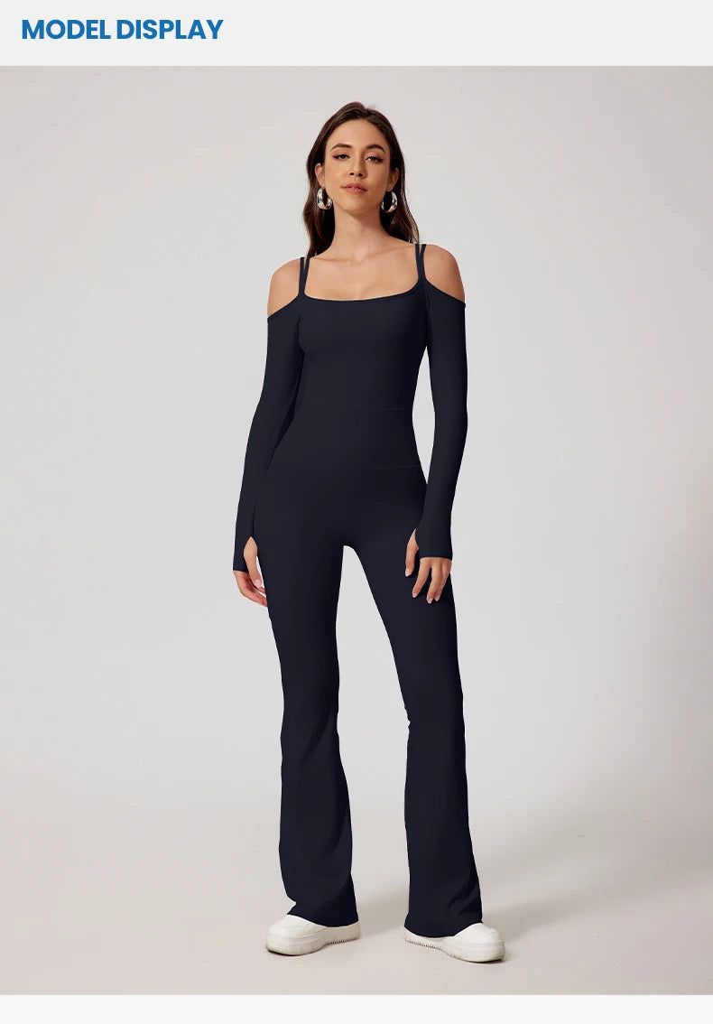 Gym Jumpsuits - Flared Pants Yoga Jumpsuit – Off-Shoulder and Moisture-Wicking